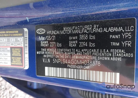 2021 Hyundai Elantra Sel from USA, damaged, VIN 5NPLS4AG0MH038878